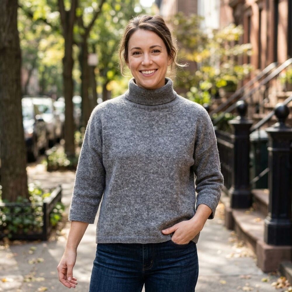 Wendy B 100% Cashmere Turtleneck Sweater Women Size M Gray 3/4 Sleeve Pullover